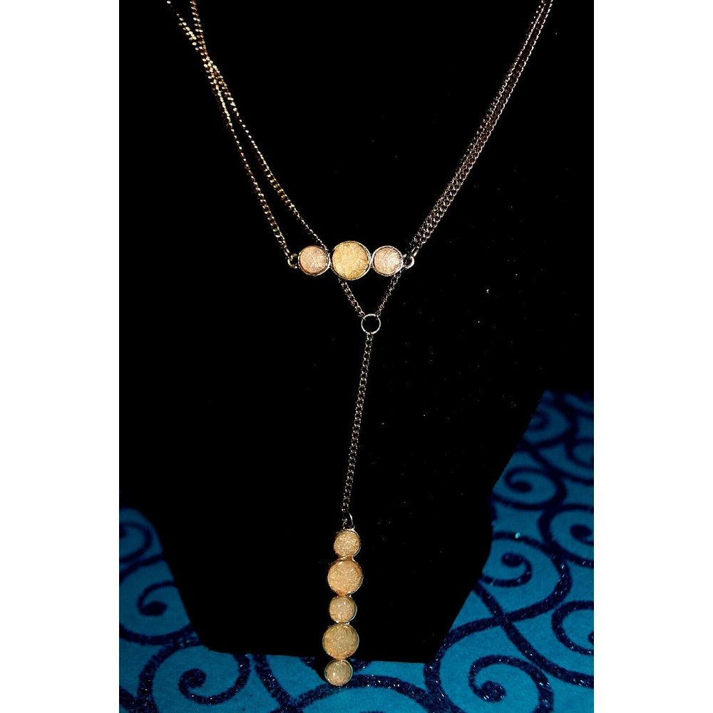 Pink Stone Crystal Gold Necklace 2 Chain Layered Crushed Crystals Peas in a Pod